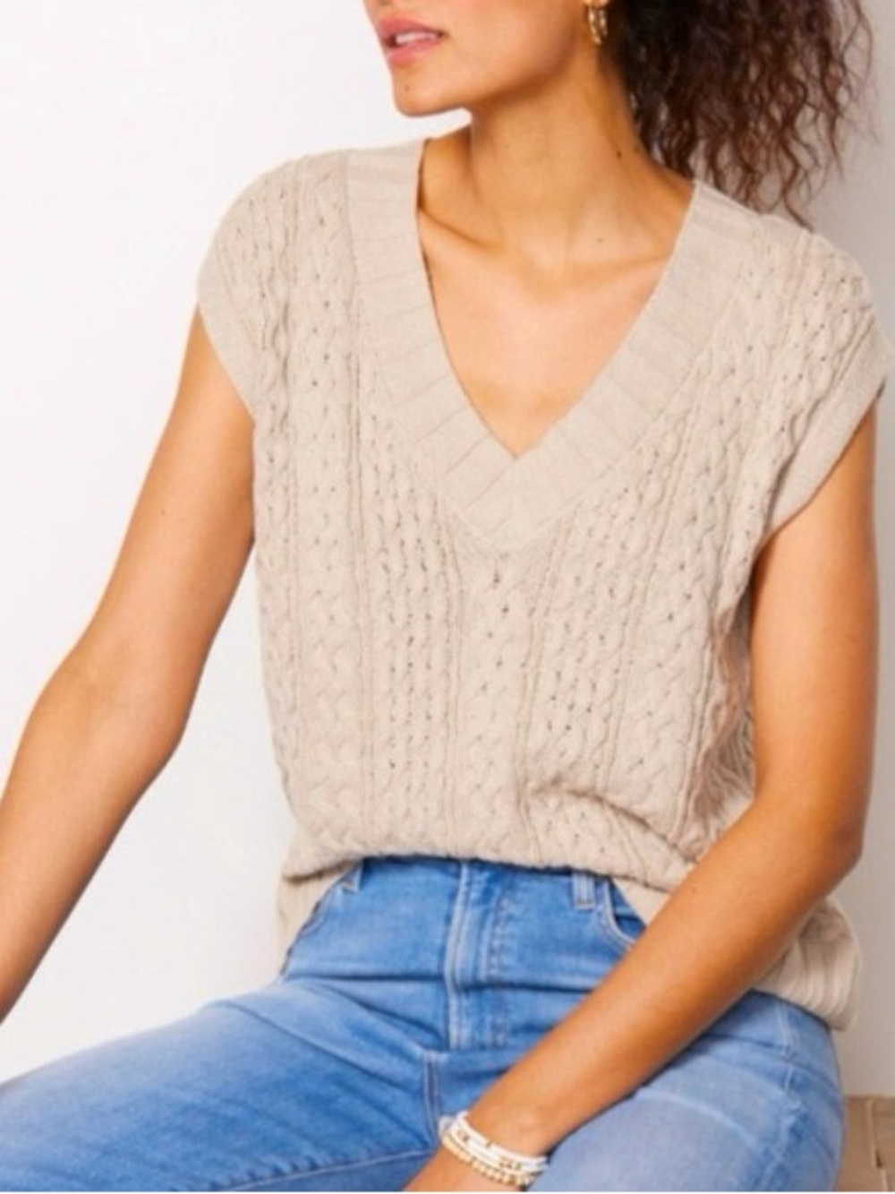 Evereve Light Beige Cable Knit V-Neck Sweater Vest
